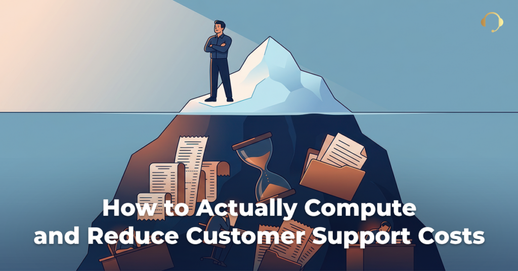 Man stands on the iceberg tip while a stack of documents and folders sits beneath illustrating hidden customer support costs