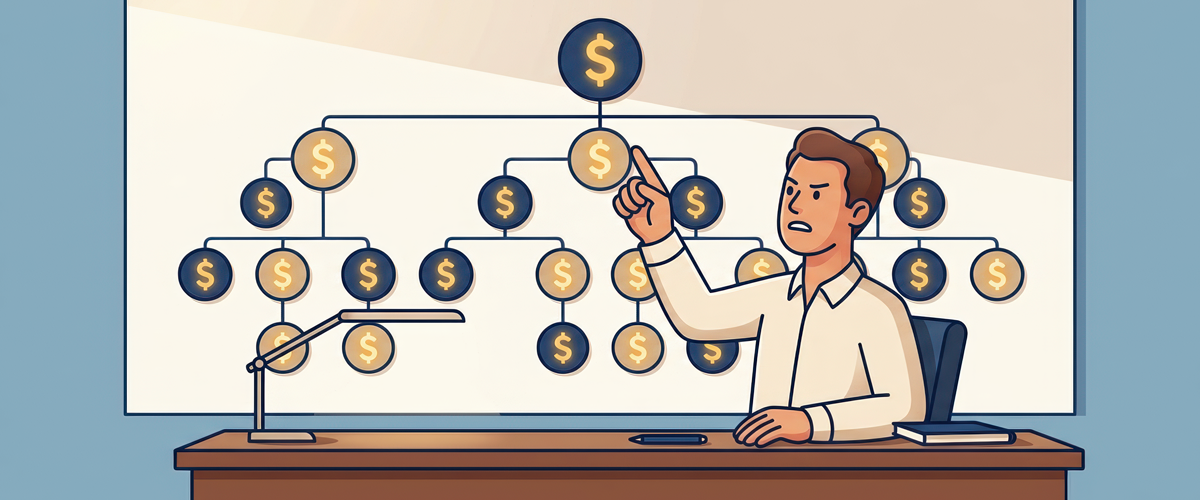 Man at a desk points to a large money themed organizational chart on a whiteboard
