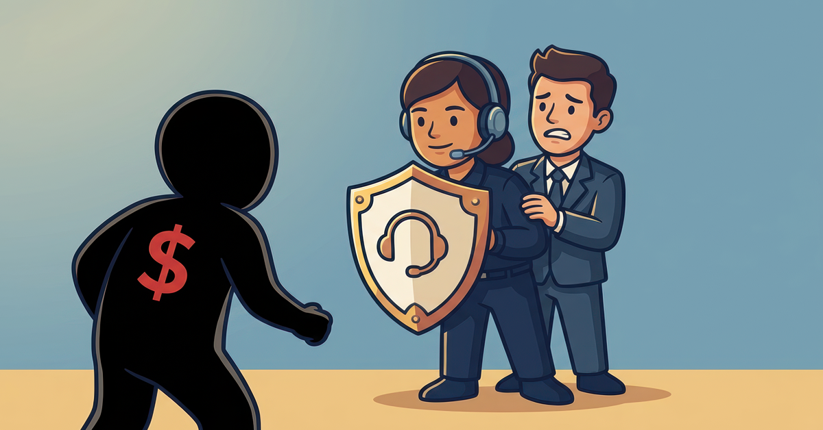 A silhouette thief with a dollar sign on their chest approaches two security guards one shielding with a crest and headset while the other looks worried