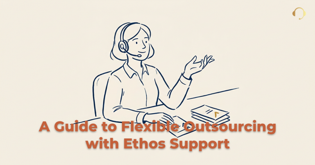 Illustration of a support agent with a headset at a desk with the headline A Guide to Flexible Outsourcing with Ethos Support overlaid