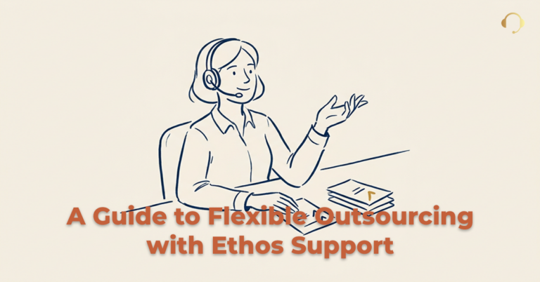 flexibleoutsrc00ftimage Ethos Support Illustration of a support agent with a headset at a desk with the headline A Guide to Flexible Outsourcing with Ethos Support overlaid