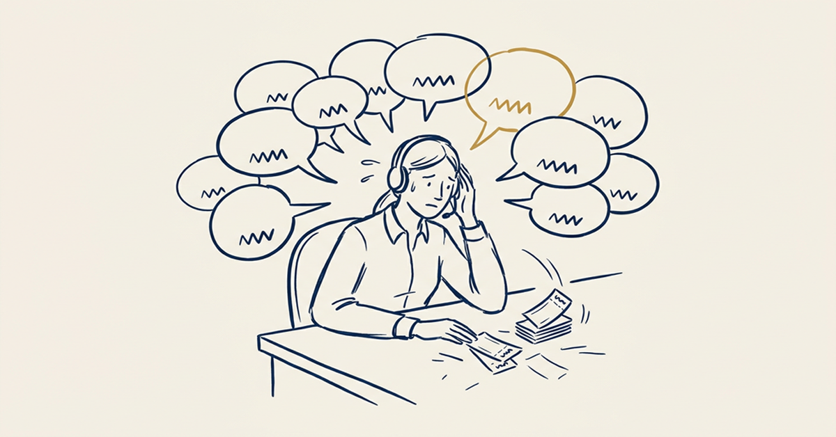 customer support agent at her desk stressed with speech bubbles overhead